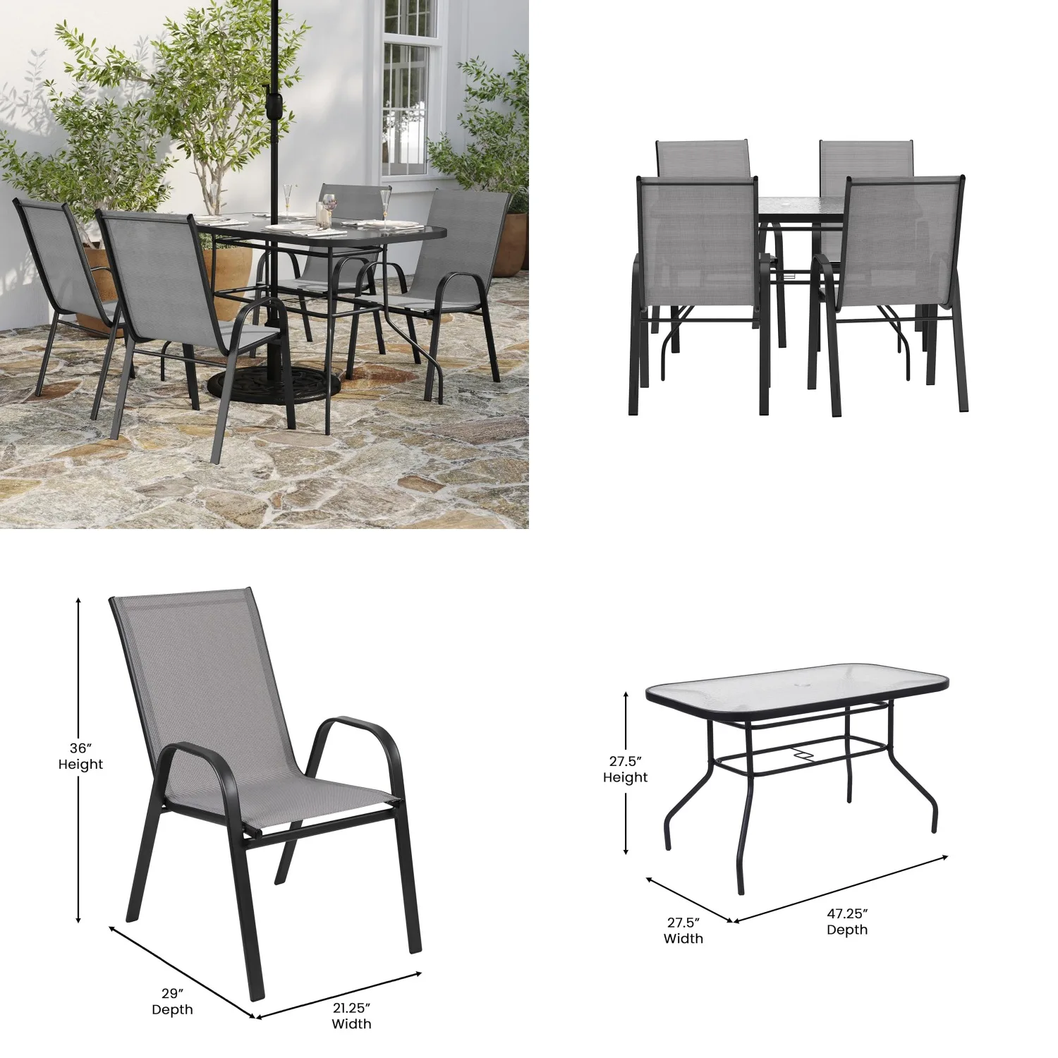 Gray 5 Piece Outdoor Dining Set Glass-Top Table & 4 Stack Chairs Flex Comfort Patio Yard 4 Person, Customized
Gray 5 Piece Outdoor Dining Set Glass-Top Table & 4 Stack Chairs Flex Comfort Patio Yard 4 Person, Customized