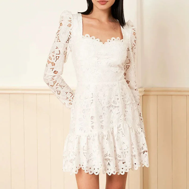 Women's Casual Square Neck High Waist Beach Dress Summer Vacation Pleated Mini Dress White Lace Hollow Long Sleeved Party Dress
Women's Casual Square Neck High Waist Beach Dress Summer Vacation Pleated Mini Dress White Lace Hollow Long Sleeved Party Dress