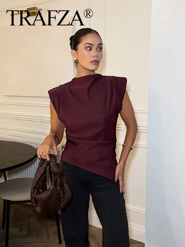 TRAFZA Women Fashion Angora Red Tank Tops Pleated Asymmetrical T-Shirt Tops Sleeveless Back Zipper Chic Lady Slim Tops
TRAFZA Women Fashion Angora Red Tank Tops Pleated Asymmetrical T-Shirt Tops Sleeveless Back Zipper Chic Lady Slim Tops