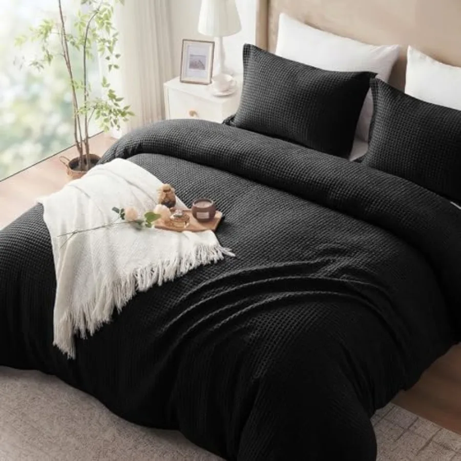 Waffle Weave 100% Cotton Duvet Cover King Size, Black 100% Cotton, 3 Pcs with 2 Pillow Shams, Soft Breathable, Zipper and 4 Cor
Waffle Weave 100% Cotton Duvet Cover King Size, Black 100% Cotton, 3 Pcs with 2 Pillow Shams, Soft Breathable, Zipper and 4 Cor