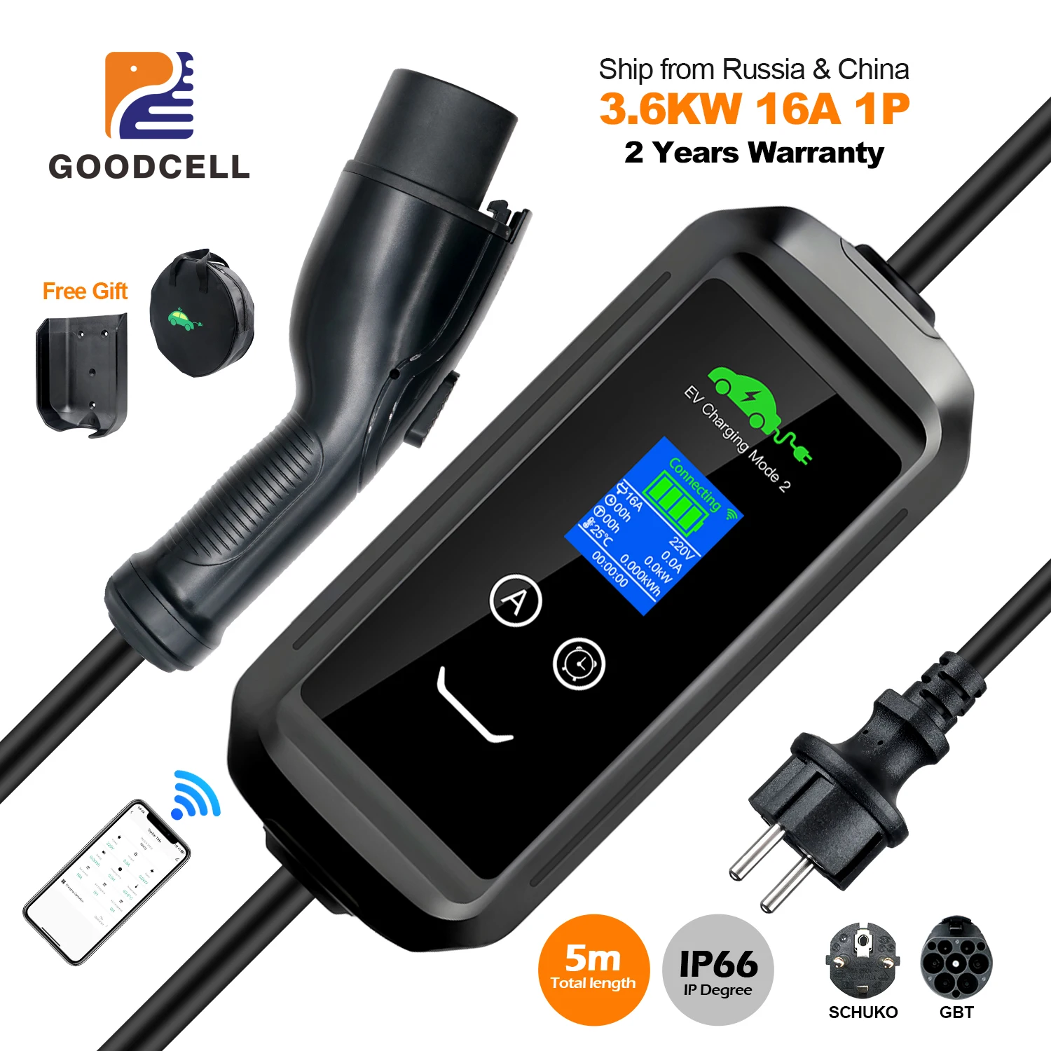GOODCELL 16A 3.6kw 5M Cable Portable EV Charger GBT Tuya APP EVSE Charging Type2 Plug Wallbox for Electric Car
GOODCELL 16A 3.6kw 5M Cable Portable EV Charger GBT Tuya APP EVSE Charging Type2 Plug Wallbox for Electric Car