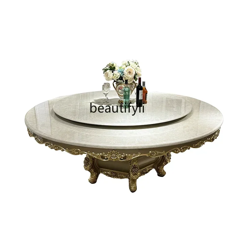 French Marble Dining Table And Chair Combination, European Luxury Round Dining Table With Electric Turntable
French Marble Dining Table And Chair Combination, European Luxury Round Dining Table With Electric Turntable