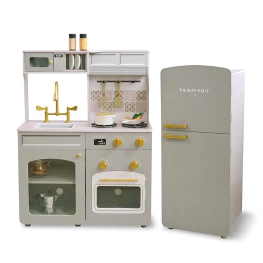 Pretend cooking playset for toddlers kids 3+, wooden, smoky green, vintage-style modular kitchen with sink, oven, fridge 14 acc
Pretend cooking playset for toddlers kids 3+, wooden, smoky green, vintage-style modular kitchen with sink, oven, fridge 14 acc