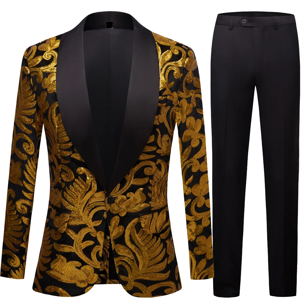 High Quality Men's Gold Sequins Velvet Suit Floral Embroidery Blazer Pants 2 Piece Set Shawl Collar Wedding Banquet Tuxedo Suits
High Quality Men's Gold Sequins Velvet Suit Floral Embroidery Blazer Pants 2 Piece Set Shawl Collar Wedding Banquet Tuxedo Suits
