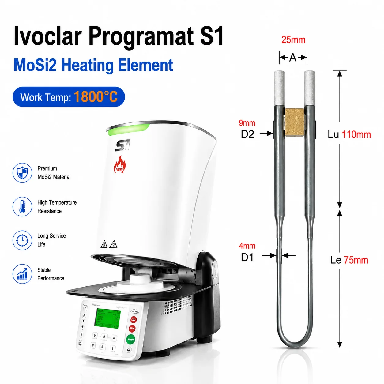 1800C Ivoclar Programat S1 MoSi2 Heating Elements Resistance Replacement for Dental Lab Ivoclar Zirconia Sintering Funance
1800C Ivoclar Programat S1 MoSi2 Heating Elements Resistance Replacement for Dental Lab Ivoclar Zirconia Sintering Funance