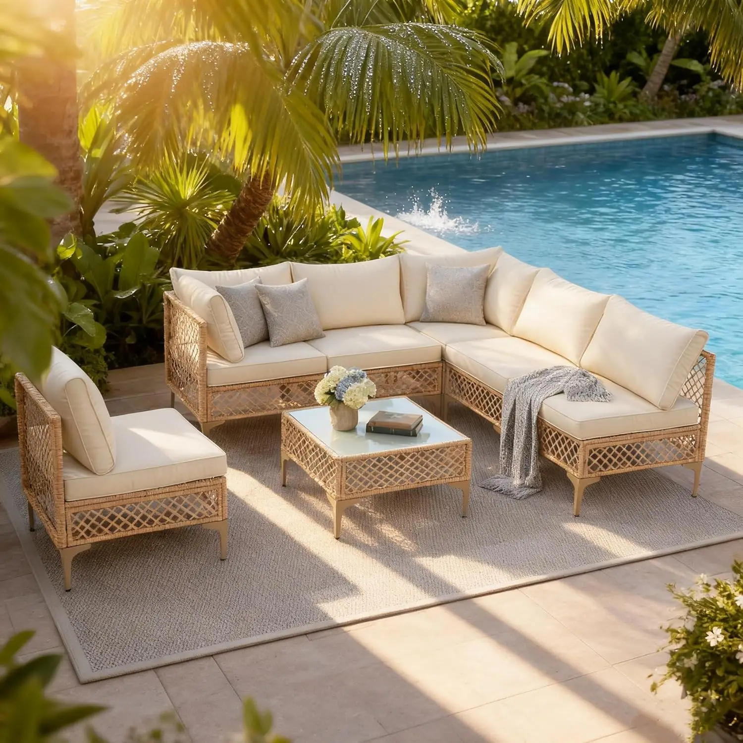 7pc Patio Wicker Sectional Sofa Water Resistant Cushions Glass Table Outdoor Backyard Boho Beige, Customized
7pc Patio Wicker Sectional Sofa Water Resistant Cushions Glass Table Outdoor Backyard Boho Beige, Customized
