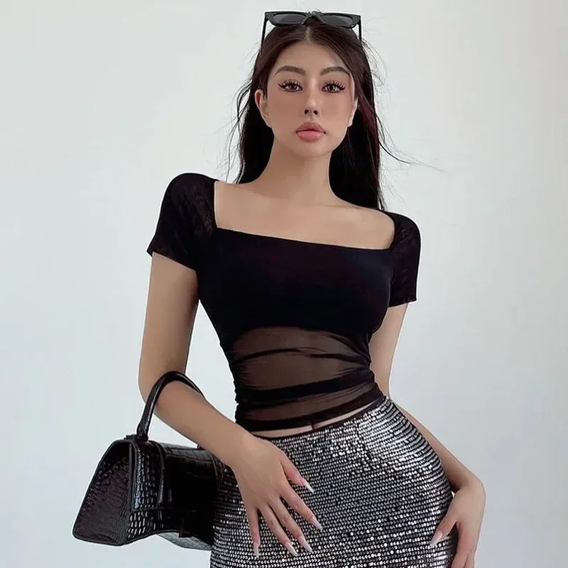 Women Sexy Black Mesh T-shirts Temperament Slim All-match Vintage Hotsweet Summer Chic Square Collar Fashion Streetwear Gothic
Women Sexy Black Mesh T-shirts Temperament Slim All-match Vintage Hotsweet Summer Chic Square Collar Fashion Streetwear Gothic