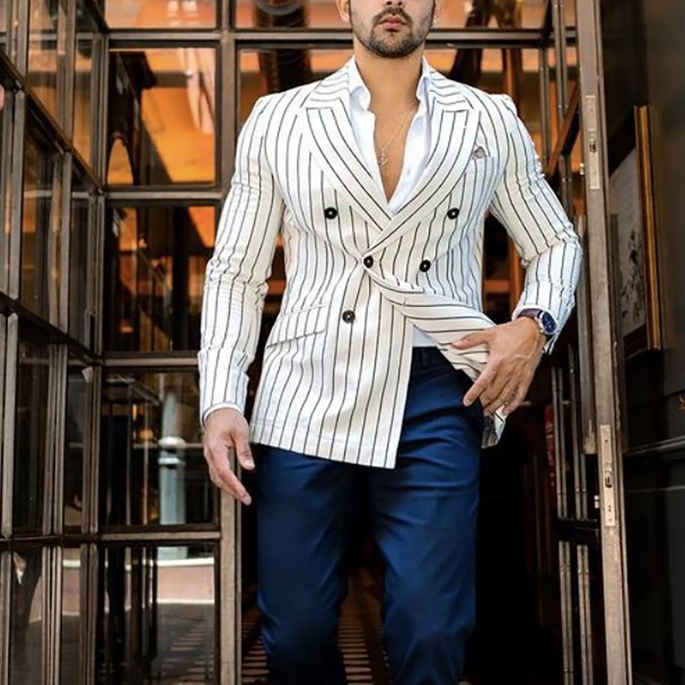 Elegant Men's Suits White Stripe 2 Piece Set Gentleman Smart Casual Blazer+Pants Slim Fit Business Office Attire Wedding Costume
Elegant Men's Suits White Stripe 2 Piece Set Gentleman Smart Casual Blazer+Pants Slim Fit Business Office Attire Wedding Costume