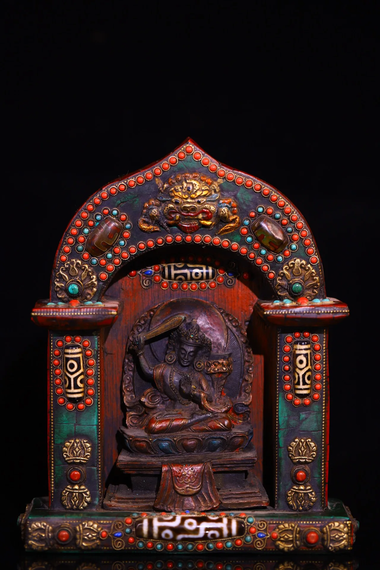 9"Tibetan Temple Collection Old Bronze Mosaic Gem Turquoise gZi Beads Painted Manjushri Bodhisattva Buddhist Niche Worship Hall
9"Tibetan Temple Collection Old Bronze Mosaic Gem Turquoise gZi Beads Painted Manjushri Bodhisattva Buddhist Niche Worship Hall