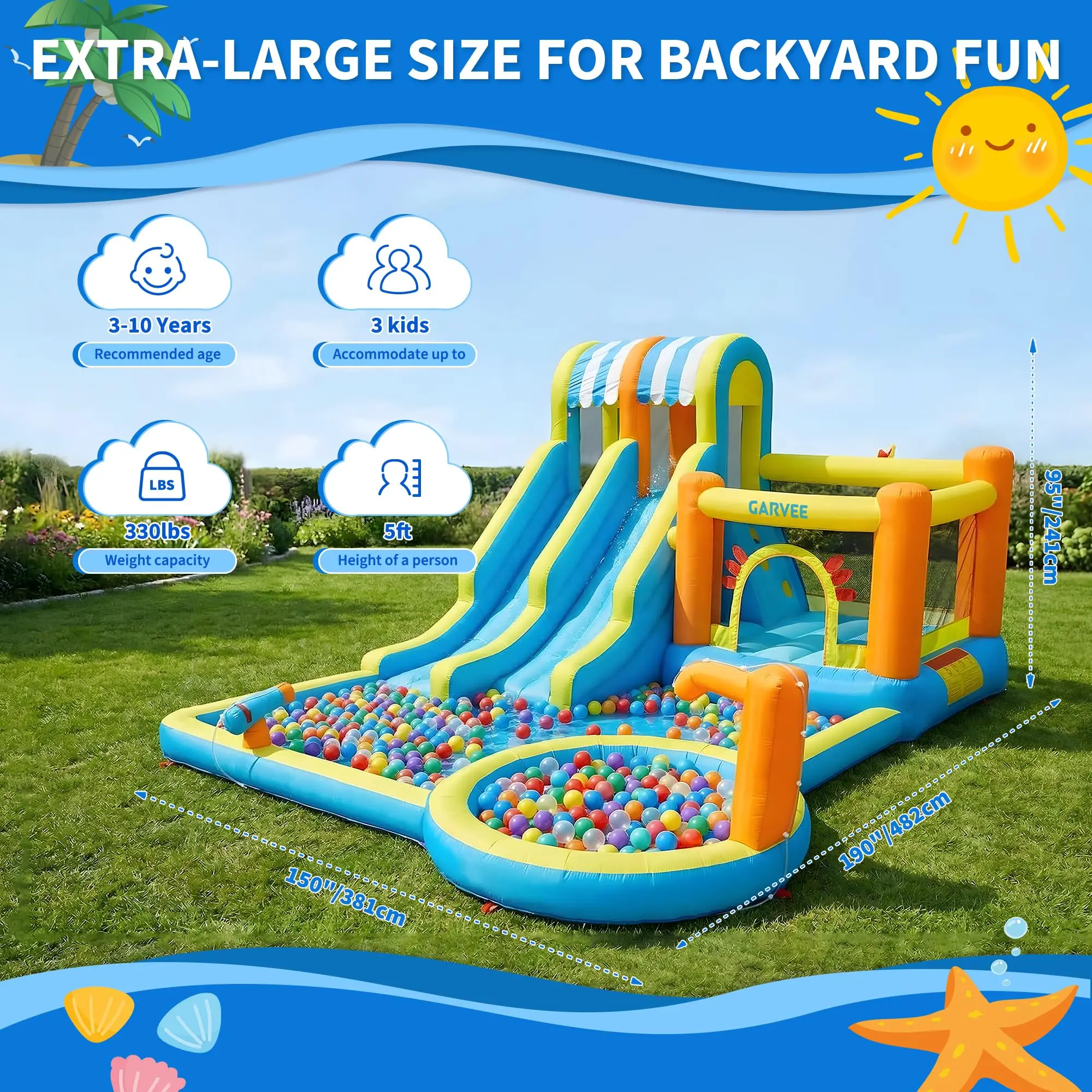 Inflatable Water Slide Bounce House 8-in-1 Kids Water Park With 550W Blower, Double Slides, Pool, Climbing Walls, Backyard Play
Inflatable Water Slide Bounce House 8-in-1 Kids Water Park With 550W Blower, Double Slides, Pool, Climbing Walls, Backyard Play