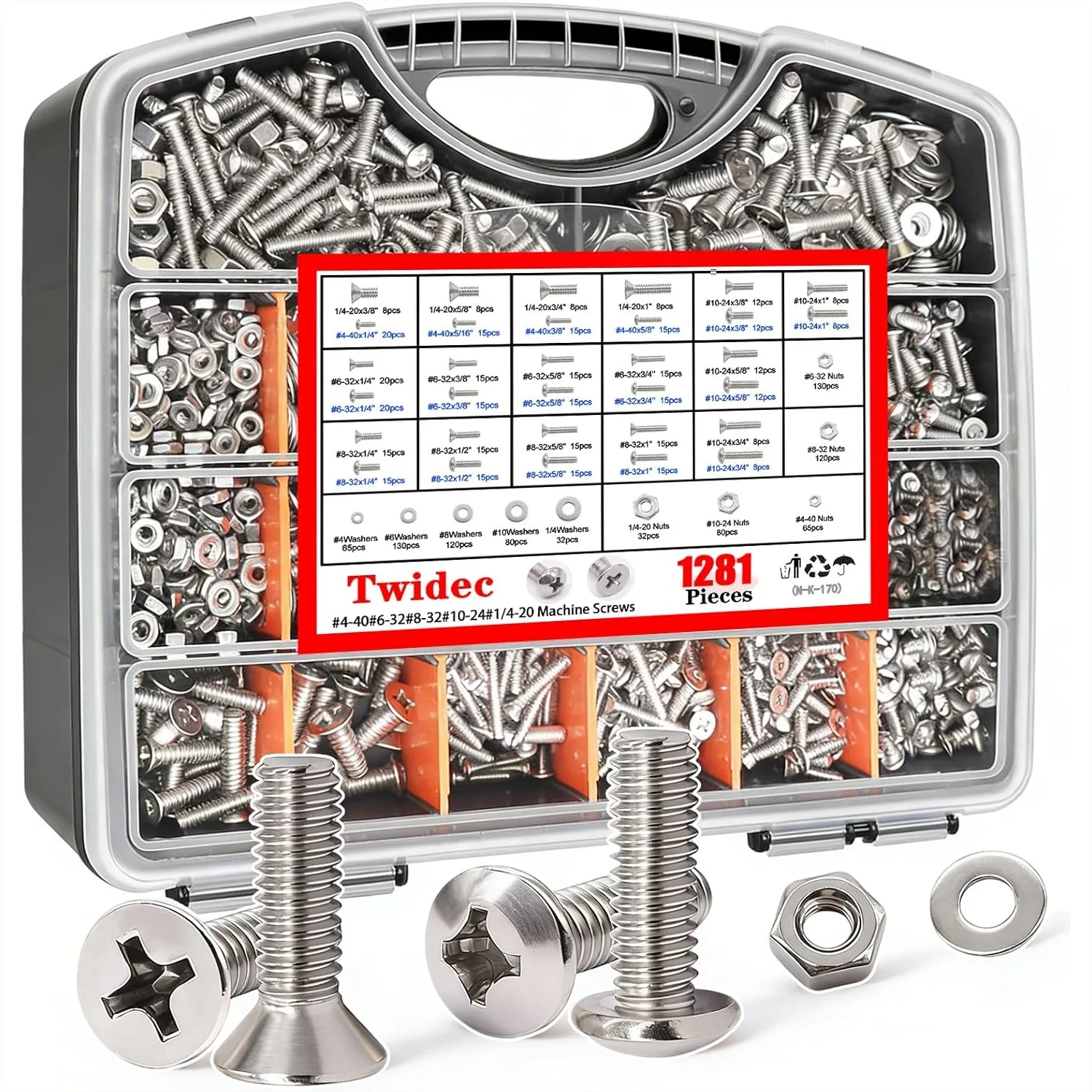 1281PCS Nuts and Bolts Assortment Kit, 304 Stainless Steel Machine Screws with Nuts Washers in Storage Case
1281PCS Nuts and Bolts Assortment Kit, 304 Stainless Steel Machine Screws with Nuts Washers in Storage Case