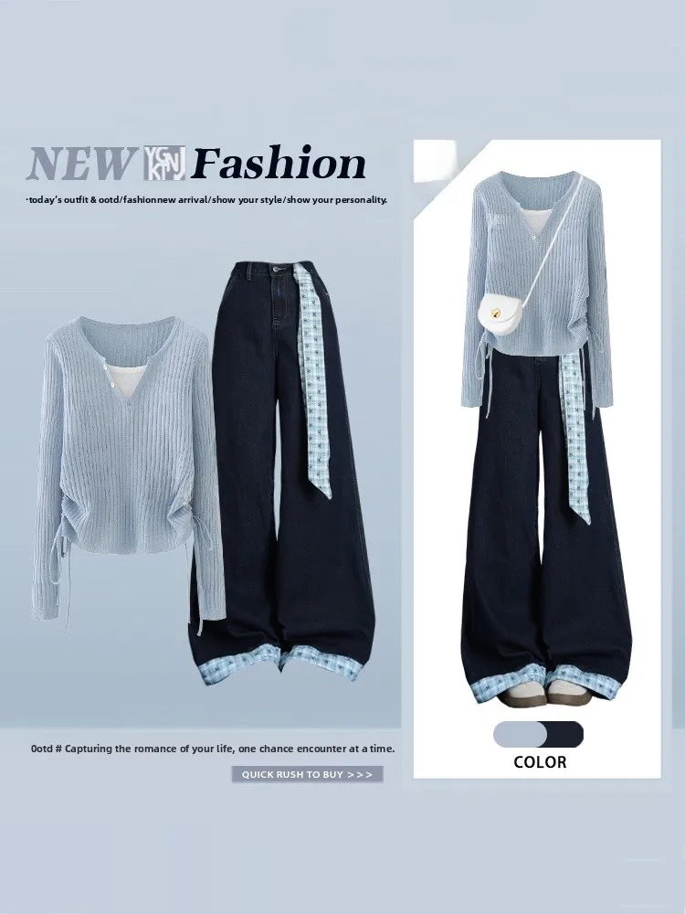 Blue Gentle Wind Drawstring Knitwear And Plaid Denim Pants Two-Piece Set Women Spring Anti-Aging Clothing Long Sleeve High Waist
Blue Gentle Wind Drawstring Knitwear And Plaid Denim Pants Two-Piece Set Women Spring Anti-Aging Clothing Long Sleeve High Waist
