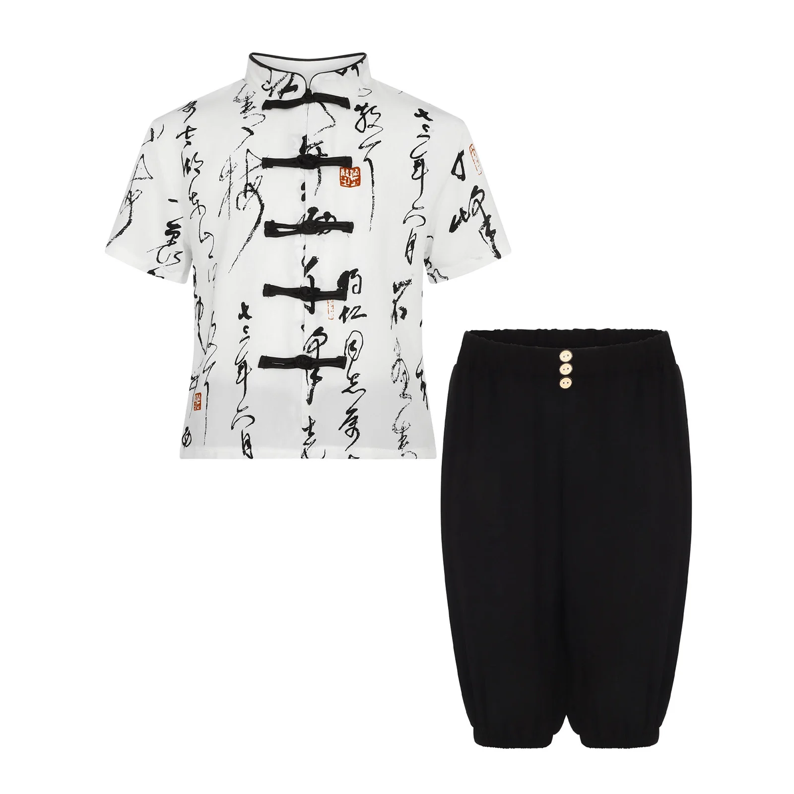 Kids Boys 2-Piece Chinese Tang Suit Mandarin Collar Short Sleeve Knot Button Top Shirt with Elastic Waistband Bloomers Pants Set
Kids Boys 2-Piece Chinese Tang Suit Mandarin Collar Short Sleeve Knot Button Top Shirt with Elastic Waistband Bloomers Pants Set