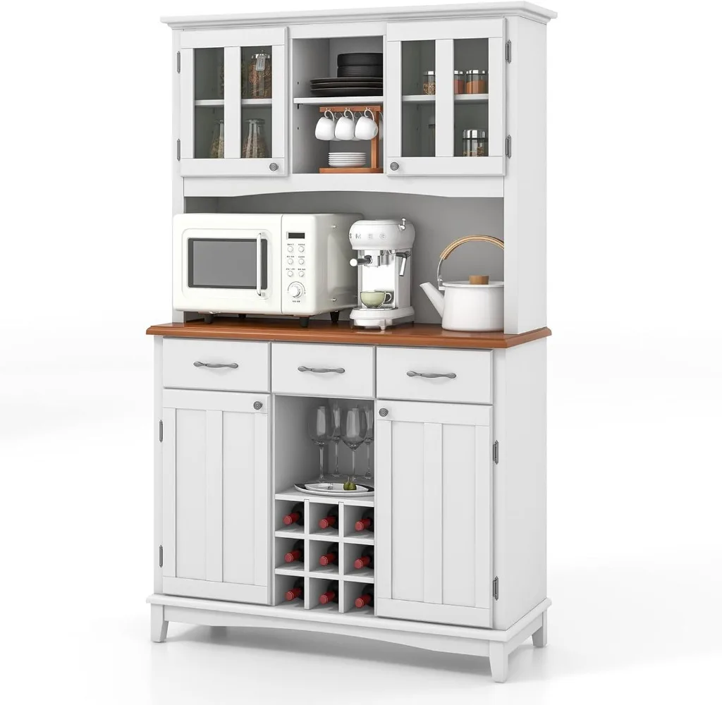 Kitchen Pantry Storage Cabinet, Freestanding Microwave Cupboard with Tempered Glass Cabinet, Wine Rack, Adjustable Shelves
Kitchen Pantry Storage Cabinet, Freestanding Microwave Cupboard with Tempered Glass Cabinet, Wine Rack, Adjustable Shelves