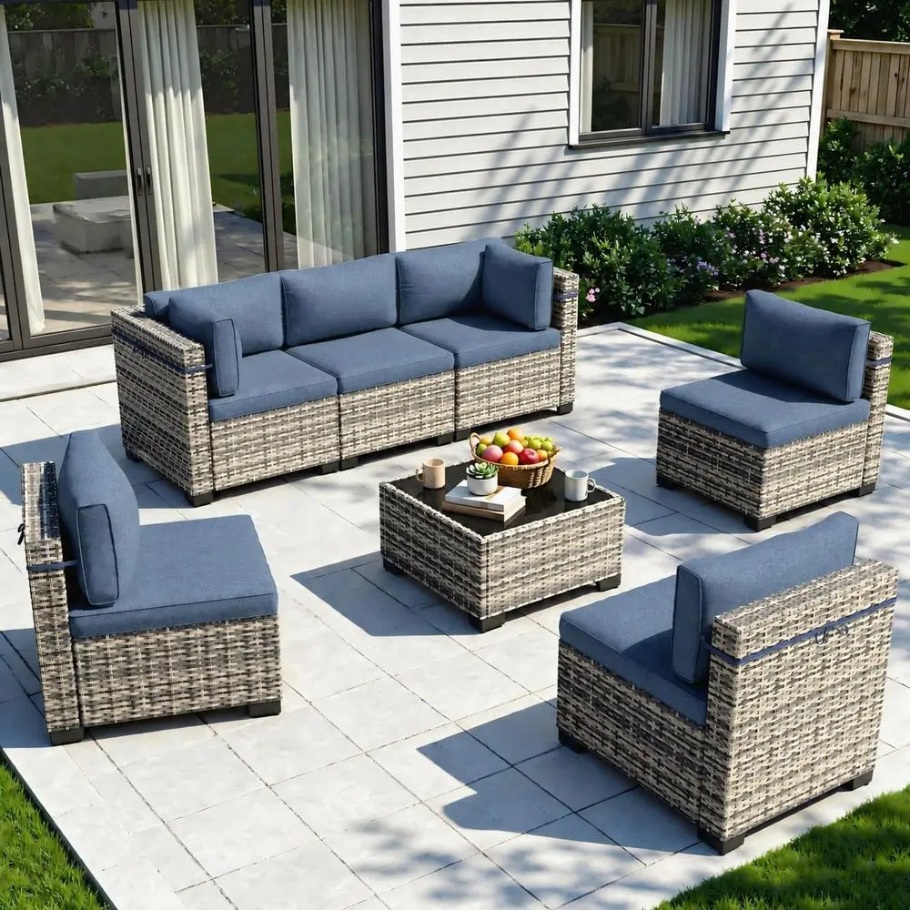 7-Piece Outdoor Sectional Patio Furniture Set with Thick Cushions, Navy Blue, Rust-Resistant Wicker Rattan for Backyard, Deck, o
7-Piece Outdoor Sectional Patio Furniture Set with Thick Cushions, Navy Blue, Rust-Resistant Wicker Rattan for Backyard, Deck, o