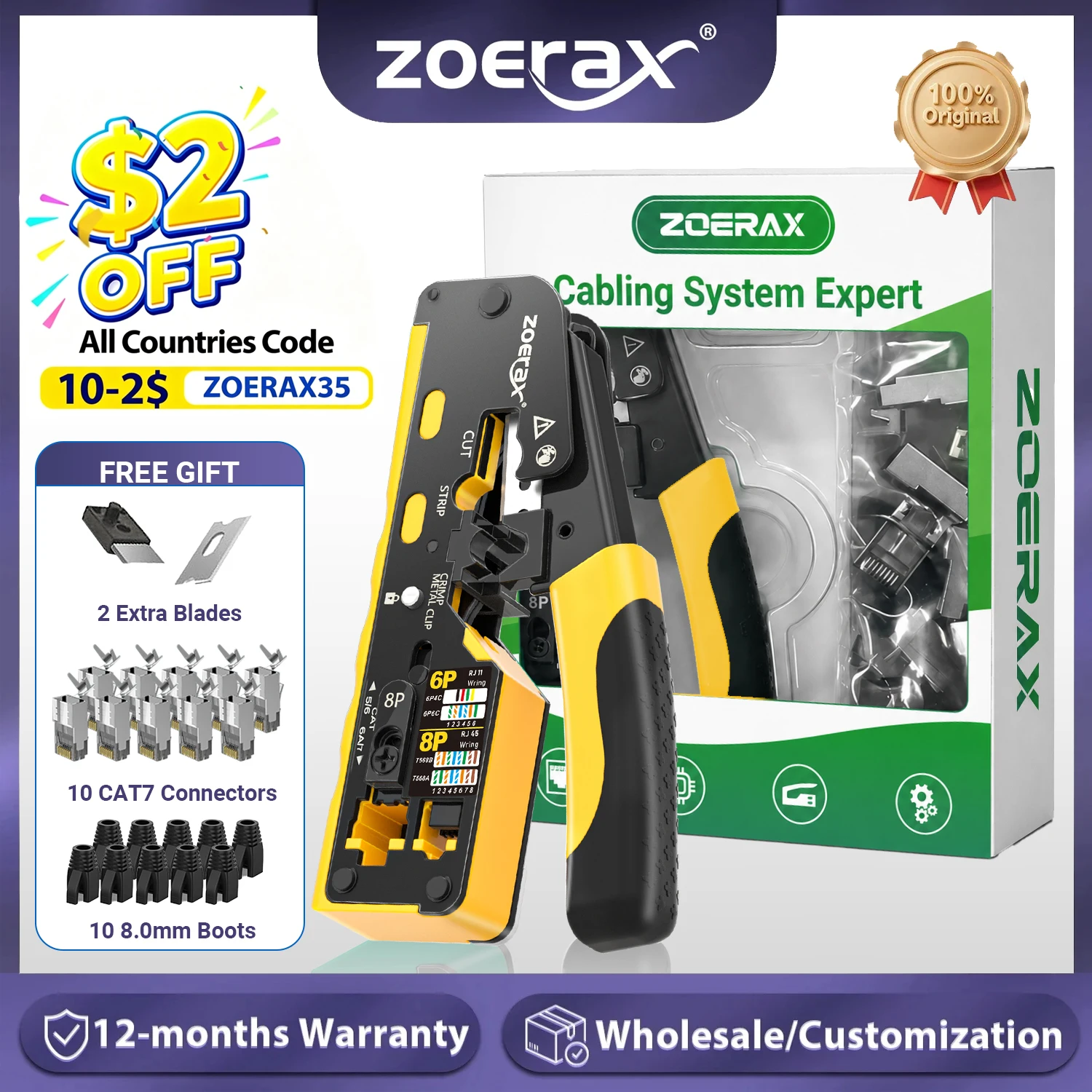 ZoeRax Pass Through RJ45 Crimp Tool with 10PCS Cat7 Connectors and Strain Relief Boots, Ethernet Wire Cutter Crimper
ZoeRax Pass Through RJ45 Crimp Tool with 10PCS Cat7 Connectors and Strain Relief Boots, Ethernet Wire Cutter Crimper