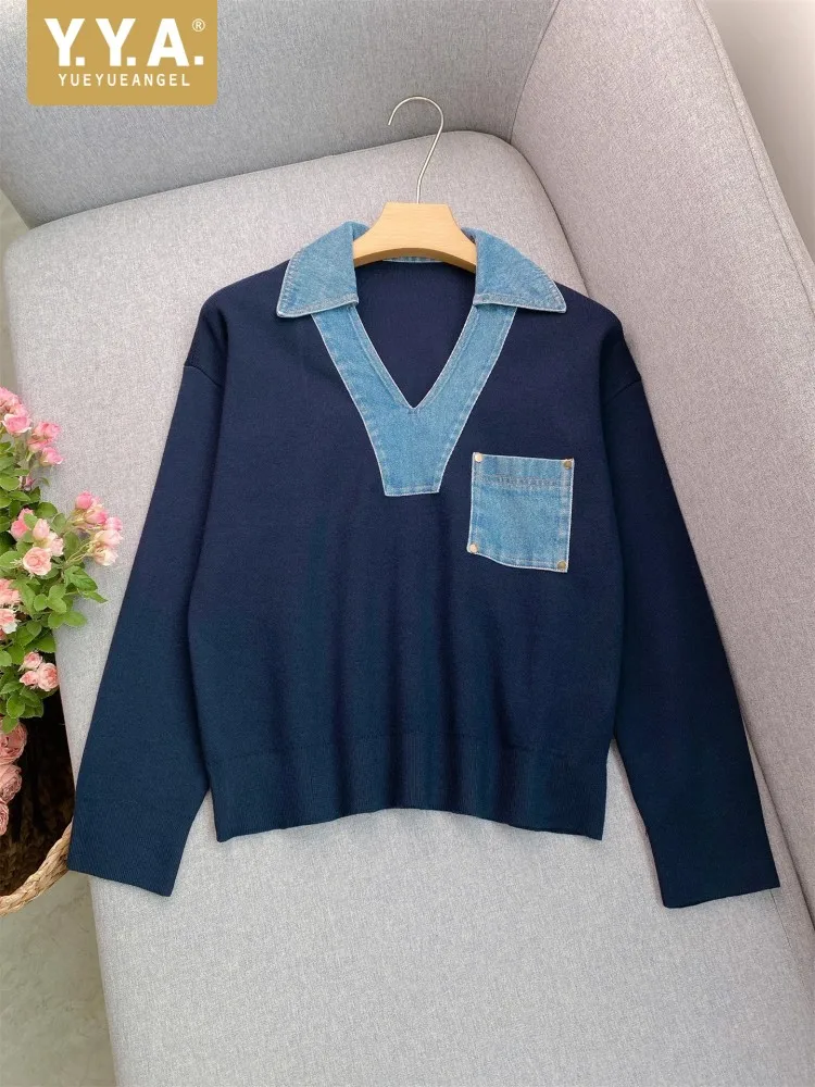 Casual Women Preppy Style Pullover Sweater Patchwork Denim Collar Knitted Top Autumn Long Sleeve Fashion Ladies Woolen Knitwear
Casual Women Preppy Style Pullover Sweater Patchwork Denim Collar Knitted Top Autumn Long Sleeve Fashion Ladies Woolen Knitwear