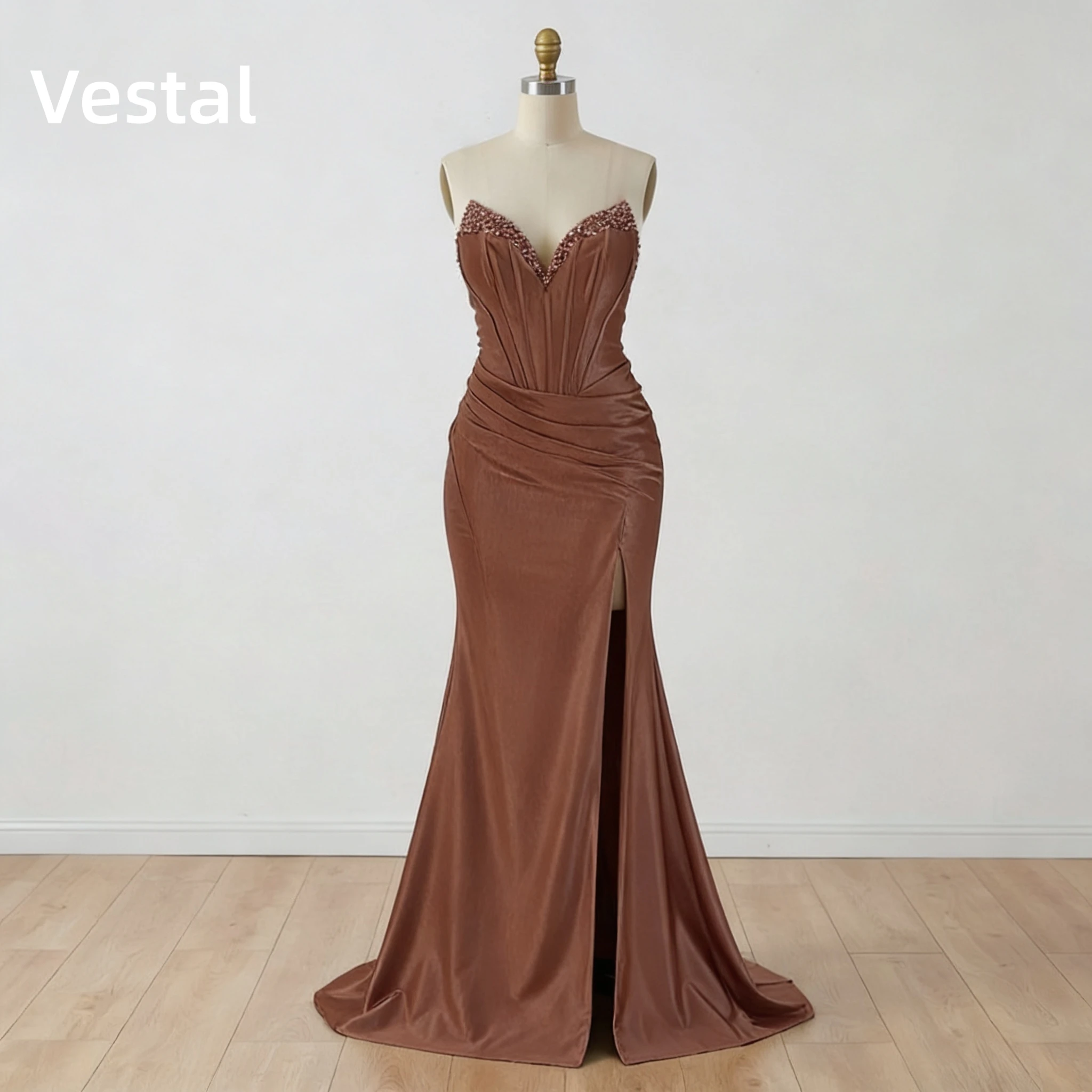 Brown Strapless Mermaid Prom Dress with Beaded Sweetheart High Slit Formal Evening Party Gown Customized
Brown Strapless Mermaid Prom Dress with Beaded Sweetheart High Slit Formal Evening Party Gown Customized