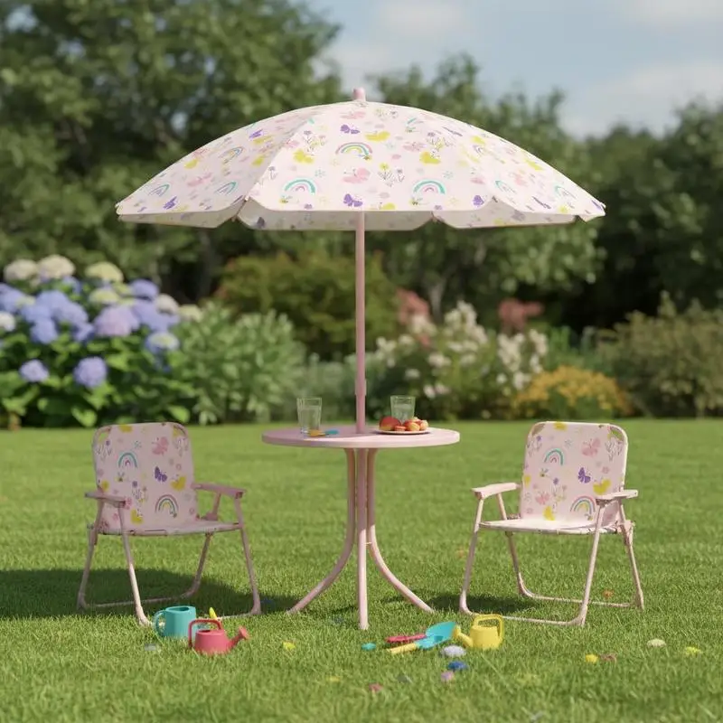 4-Piece Garden Table and Chair Set with Adjustable Parasol, Folding Chairs, Table, Rainbow Pattern, Pink
4-Piece Garden Table and Chair Set with Adjustable Parasol, Folding Chairs, Table, Rainbow Pattern, Pink