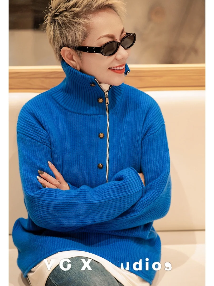 Slimming Effect f Zip High Collar Wool Sweater Vintage Metal Bule Loose Fit Comfortable Long Sve Women's Knitted Sweater
Slimming Effect f Zip High Collar Wool Sweater Vintage Metal Bule Loose Fit Comfortable Long Sve Women's Knitted Sweater