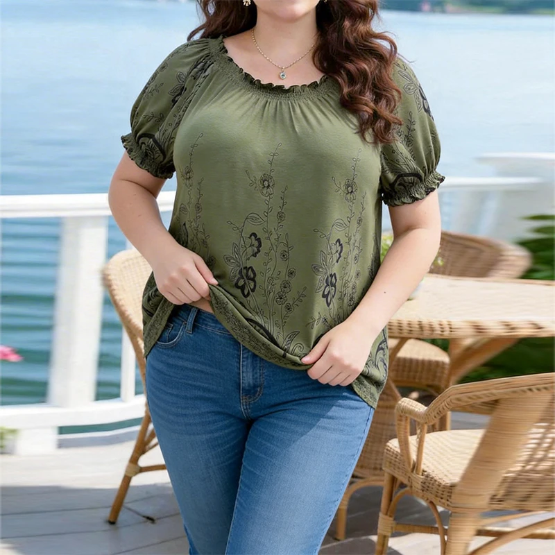Plus-size women's casual short-sleeve shirt ruffle design printed loose fit in multiple colors fat women wear 1XL-5XL
Plus-size women's casual short-sleeve shirt ruffle design printed loose fit in multiple colors fat women wear 1XL-5XL