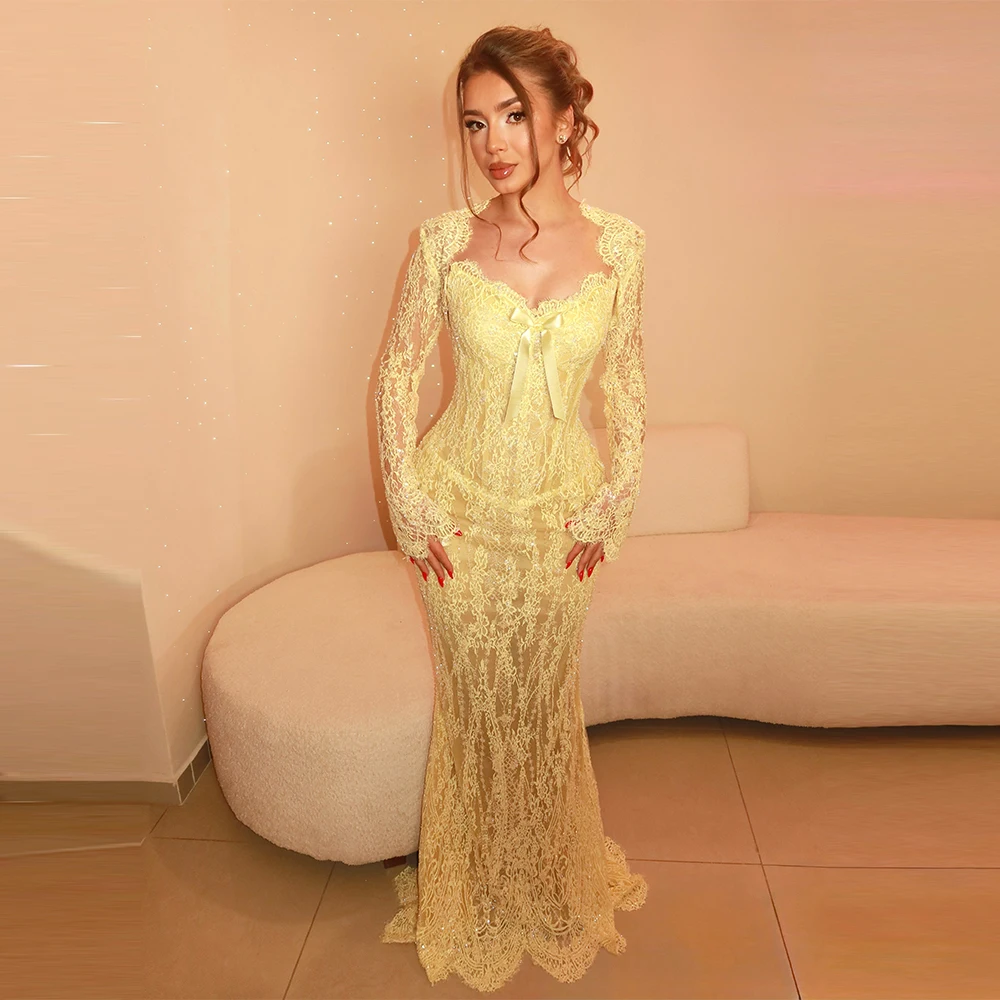 Sexy Mermaid Evening Dress Exquisite Yellow Lace Customized Celebrity Gowns Temperament Long Sleeves Bow Party Dresses
Sexy Mermaid Evening Dress Exquisite Yellow Lace Customized Celebrity Gowns Temperament Long Sleeves Bow Party Dresses