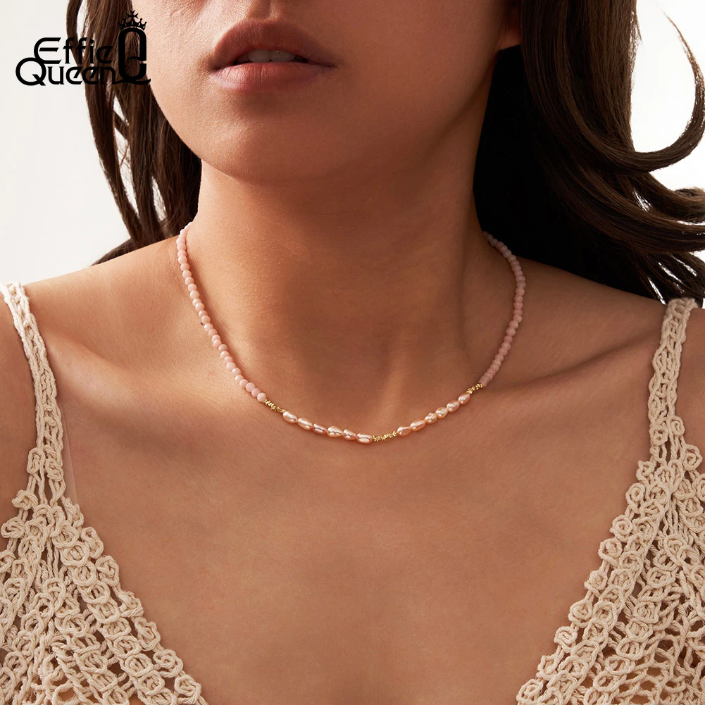 EFFIE QUEEN 925 Sterling Silver 14K Gold Choker Necklace Natural Freshwater Pearl With Pink Opal Natural Stone Series Gift MPN05
EFFIE QUEEN 925 Sterling Silver 14K Gold Choker Necklace Natural Freshwater Pearl With Pink Opal Natural Stone Series Gift MPN05