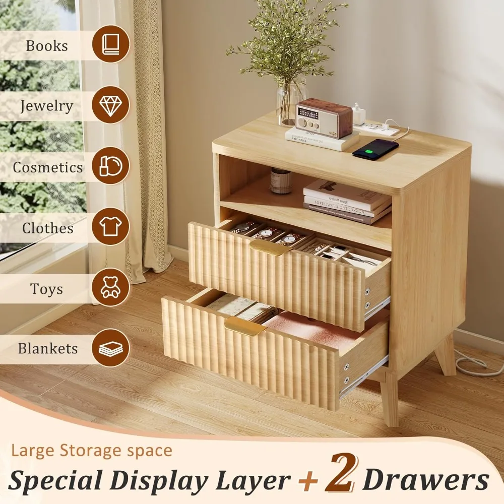 Fluted Nightstand Set of 2 with Charging Station, 19.7 inch Wide with 2 Drawers, Modern Wood Bedside Table for Bedroom
Fluted Nightstand Set of 2 with Charging Station, 19.7 inch Wide with 2 Drawers, Modern Wood Bedside Table for Bedroom