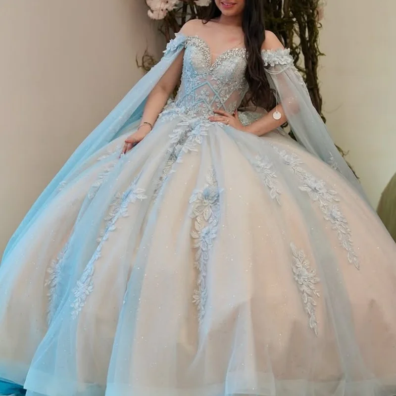 Customized Shiny baby blue Off Shoulder Quinceanera Dress crystal applique Lace flower Long tail vestidos de 15 Quinceanera
Customized Shiny baby blue Off Shoulder Quinceanera Dress crystal applique Lace flower Long tail vestidos de 15 Quinceanera