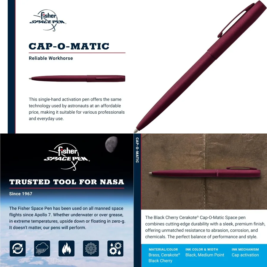 Fisher Space Pen Cap-O-Matic Ballpoint Pen with Cerakote Finish in Black Cherry Features Pocket Clip and Black Ink Ideal for Ou
Fisher Space Pen Cap-O-Matic Ballpoint Pen with Cerakote Finish in Black Cherry Features Pocket Clip and Black Ink Ideal for Ou