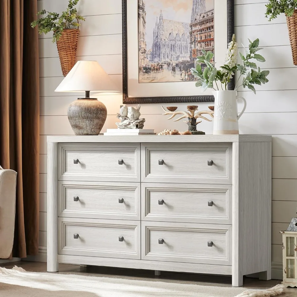 White 6 Drawers Dresser for Bedroom, Farmhouse Dresser, 52" Wide Rustic Wood Chest of Drawers with Natural Texture, Metal Handle
White 6 Drawers Dresser for Bedroom, Farmhouse Dresser, 52" Wide Rustic Wood Chest of Drawers with Natural Texture, Metal Handle
