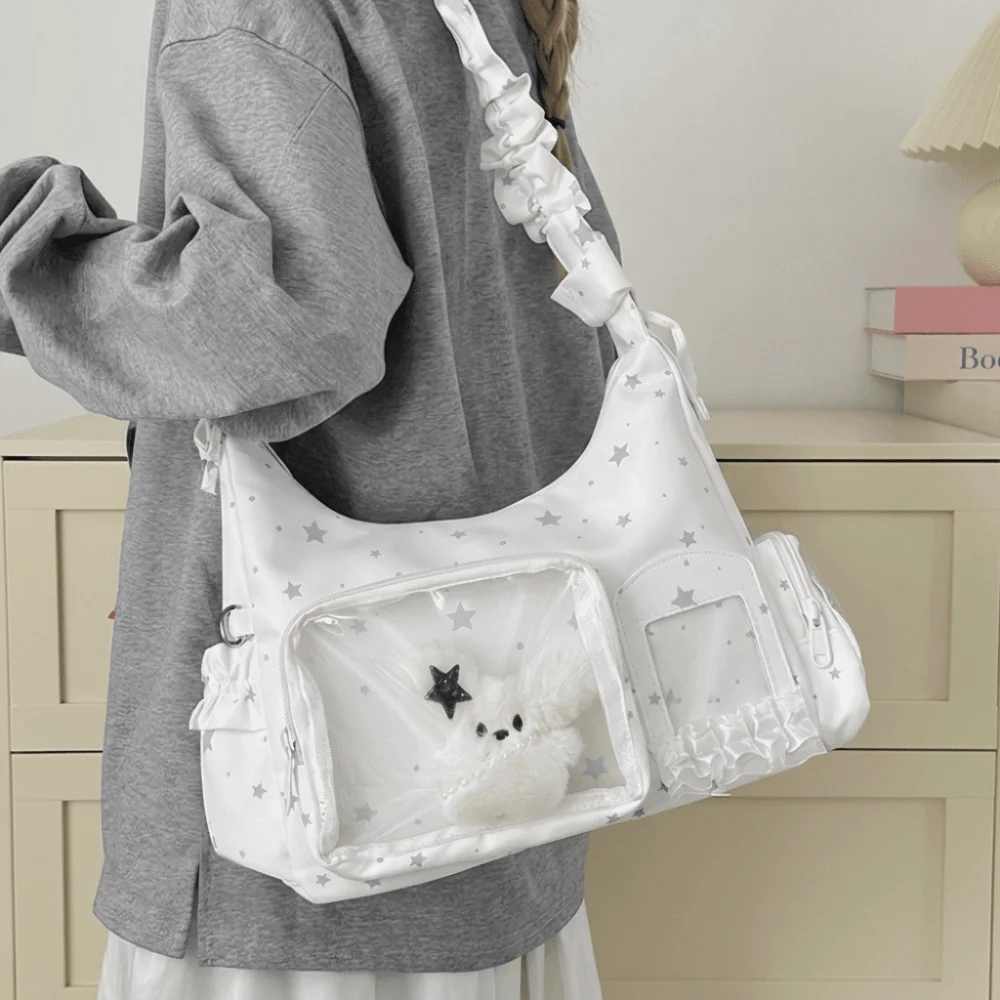 Lace Decoration Bow Ita Bag Solid Color PVC Transparent Shoulder Bag Large Capacity Japanese Style Badge Display Bag Women
Lace Decoration Bow Ita Bag Solid Color PVC Transparent Shoulder Bag Large Capacity Japanese Style Badge Display Bag Women