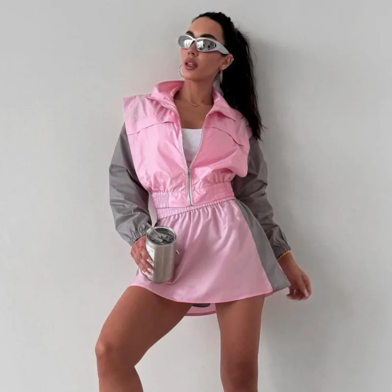 Chic Color Block Tracksuit Two Piece Set for Women Stand Collar Zip Cropped Jacket High Waist Mini Skirt Jogging & Daily Outfit
Chic Color Block Tracksuit Two Piece Set for Women Stand Collar Zip Cropped Jacket High Waist Mini Skirt Jogging & Daily Outfit