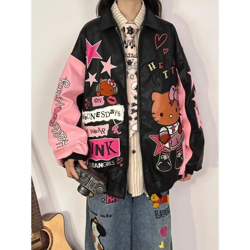 Кожаная куртка Sanrio Hello Kitty с вышивкой и контрастными цветами, унисекс, свободный крой, повседневная, модная, в американском винтажном стиле, трендовая
Кожаная куртка Sanrio Hello Kitty с вышивкой и контрастными цветами, унисекс, свободный крой, повседневная, модная, в американском винтажном стиле, трендовая