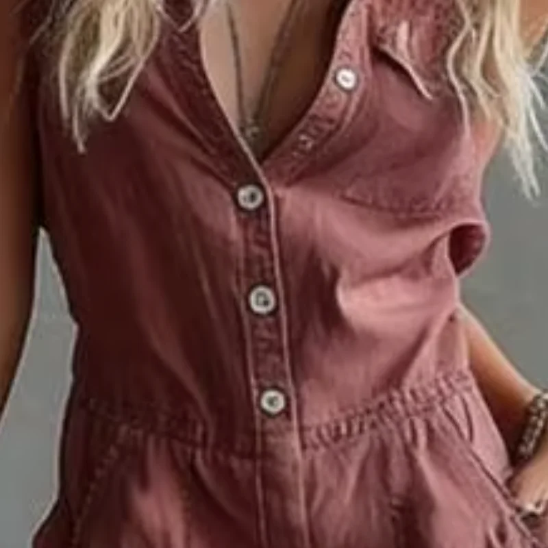 Summer Women Jumpsuit V Neck Everyday Wear Sleeveless Front Button Wide Leg Pants Long Romper with Dual Pockets
Summer Women Jumpsuit V Neck Everyday Wear Sleeveless Front Button Wide Leg Pants Long Romper with Dual Pockets