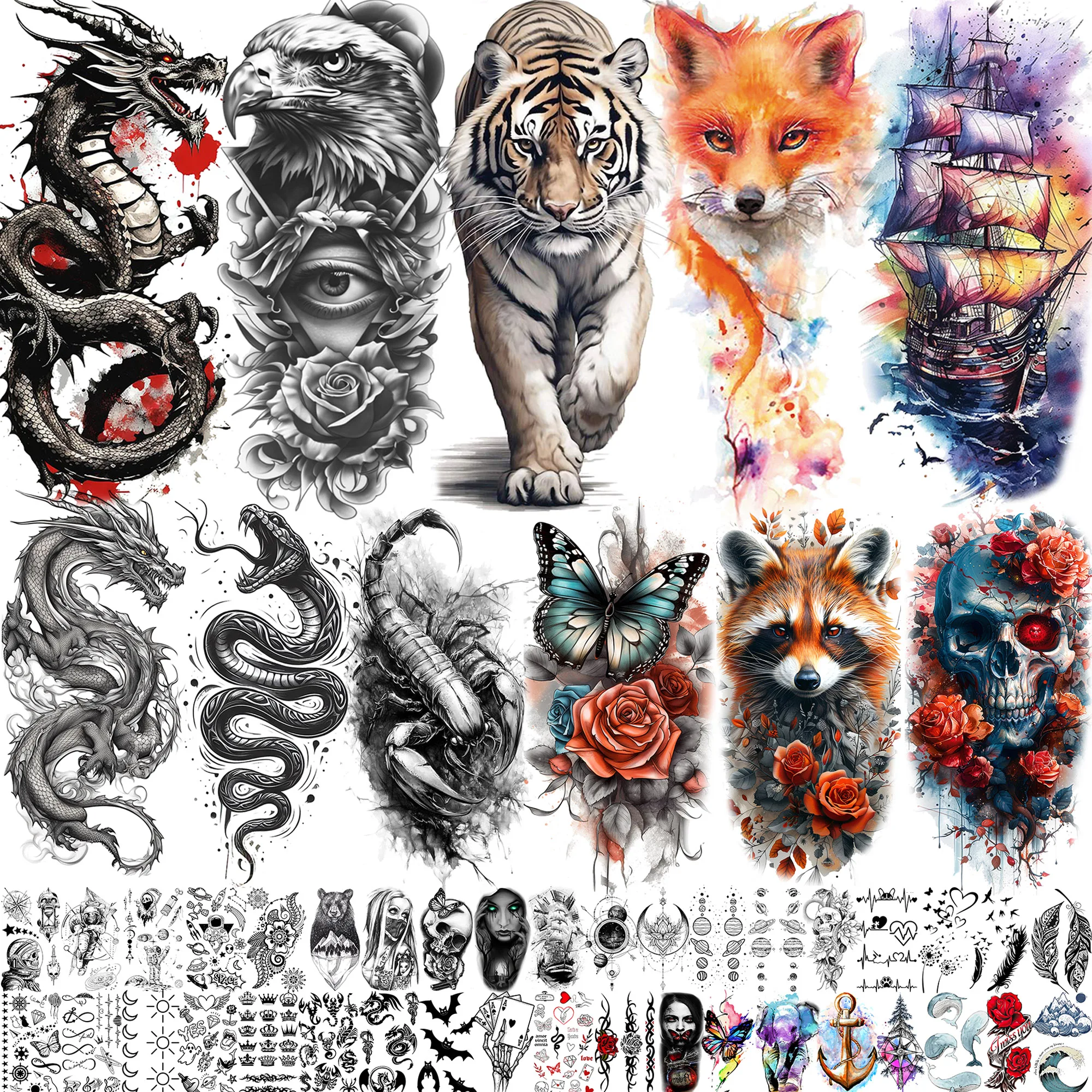 70 Sheets Tiger Eagle Dragon Animals Temporary Tattoos For Men Women Waterproof Realistic 3D Snake Scorpion Fake Tattoo Sticker
70 Sheets Tiger Eagle Dragon Animals Temporary Tattoos For Men Women Waterproof Realistic 3D Snake Scorpion Fake Tattoo Sticker