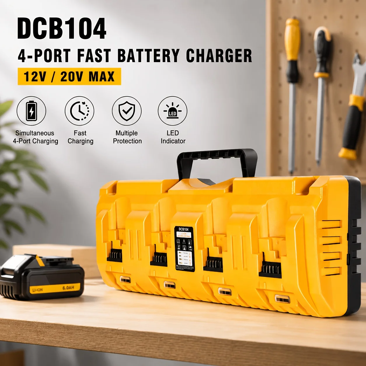DCB104 Replacement Fast Charging Station For DeWalt, Heavy-Duty 4-Port Battery Charger With USB & Type-C Ports, Compatible With 12V-20V MAX Lithium Batteries For Power Tools
DCB104 Replacement Fast Charging Station For DeWalt, Heavy-Duty 4-Port Battery Charger With USB & Type-C Ports, Compatible With 12V-20V MAX Lithium Batteries For Power Tools