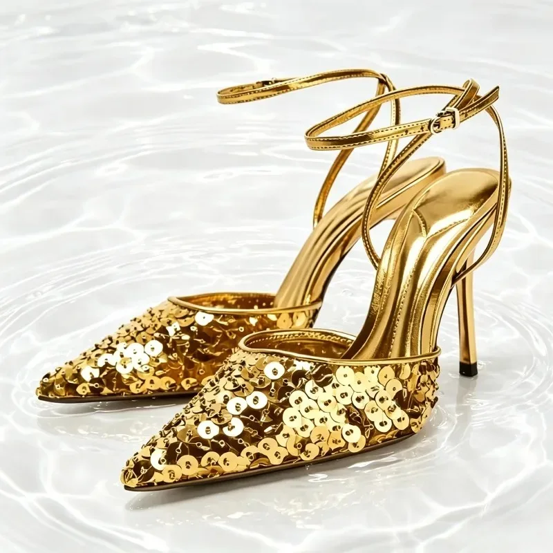 Gold Sequin Embellished Heels Women Sexy Pointed Toe Ankle Strap Buckle Stiletto Sandal Luxury Party Designer Shoe Zapatos Mujer
Gold Sequin Embellished Heels Women Sexy Pointed Toe Ankle Strap Buckle Stiletto Sandal Luxury Party Designer Shoe Zapatos Mujer