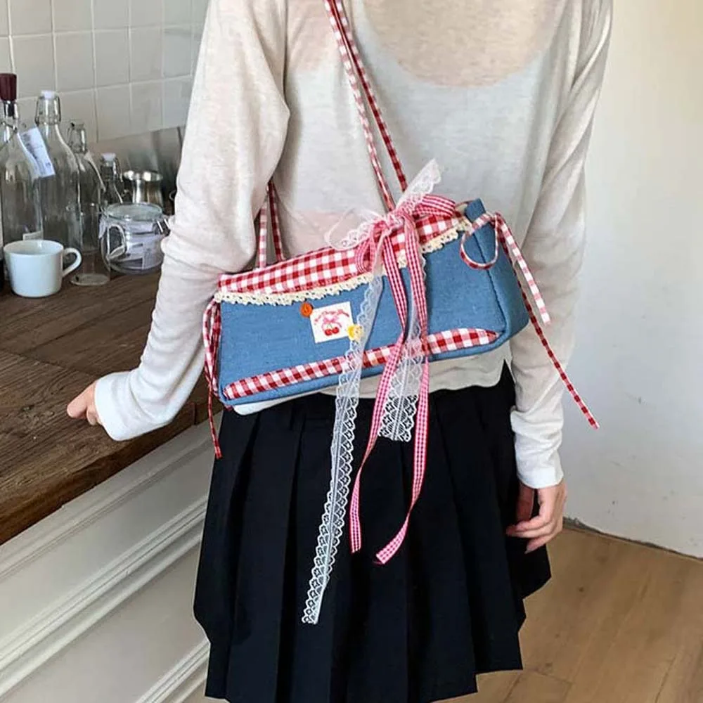 Shopping Sweet French Stick Handbag Denim Blue Contrast Color Plaid Shoulder Bag Bow Korean Style Cloth Underarm Bags School
Shopping Sweet French Stick Handbag Denim Blue Contrast Color Plaid Shoulder Bag Bow Korean Style Cloth Underarm Bags School