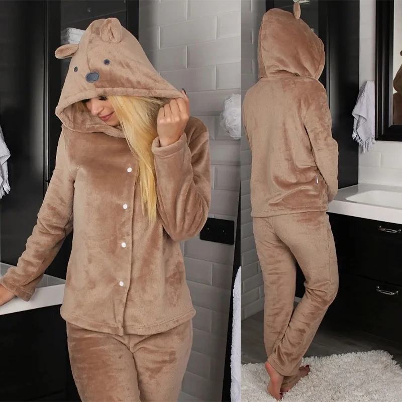 Cute Cartoon Hooded Top Pant Flannel Pajamas Suit 2Pcs Loungewear Women Single Breasted Coat Autumn Winter New Homewear
Cute Cartoon Hooded Top Pant Flannel Pajamas Suit 2Pcs Loungewear Women Single Breasted Coat Autumn Winter New Homewear