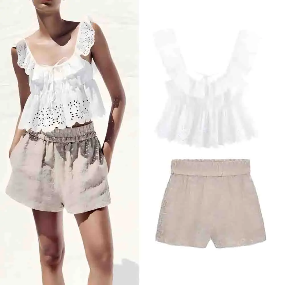 Women's new fashion layered decoration short hollow embroidery top retro sleeveless women's vest chic top+shorts suit
Women's new fashion layered decoration short hollow embroidery top retro sleeveless women's vest chic top+shorts suit