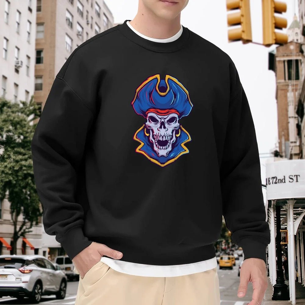 Men's Black Crew Neck Loose Sweatshirt with Pirate Skull Print, Casual Top, Street Fashion Versatile Style, Comfortable and Breathable Fashion Item for Everyday Wear
Men's Black Crew Neck Loose Sweatshirt with Pirate Skull Print, Casual Top, Street Fashion Versatile Style, Comfortable and Breathable Fashion Item for Everyday Wear