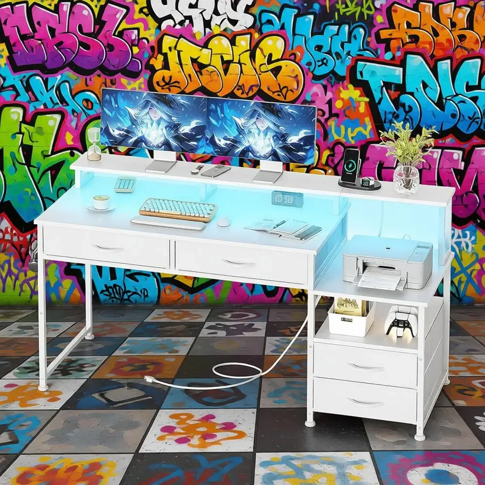 Белый 53-дюймовый стол с 4 ящиками, розетками, подставками для монитора и принтера, игровым и учебным столом со светодиодной подсветкой
Белый 53-дюймовый стол с 4 ящиками, розетками, подставками для монитора и принтера, игровым и учебным столом со светодиодной подсветкой