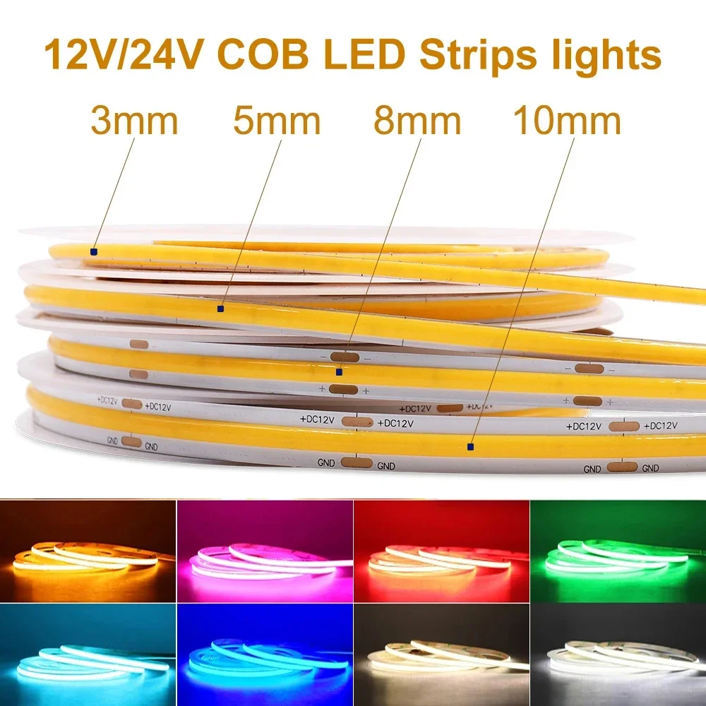 COB LED Strip Light 12V 24V 3mm 5mm 8mm 10mm PCB LED Strip Ice Blue/Green/Red/Yellow/2700K/3000K/4000K/6000K COB LED Tape Decor
COB LED Strip Light 12V 24V 3mm 5mm 8mm 10mm PCB LED Strip Ice Blue/Green/Red/Yellow/2700K/3000K/4000K/6000K COB LED Tape Decor