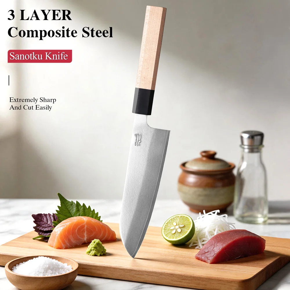 7" Japanese High-quality Santoku Knife 3-layer Composite Steel Professional Kitchen Chef Knife Handmade Cooking kitchenware
7" Japanese High-quality Santoku Knife 3-layer Composite Steel Professional Kitchen Chef Knife Handmade Cooking kitchenware