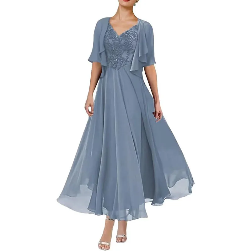2 Piece Tea Length Mother of The Bride Dresses with Jacket Short Sleeves Lace Formal Evening Gown with Pockets
2 Piece Tea Length Mother of The Bride Dresses with Jacket Short Sleeves Lace Formal Evening Gown with Pockets