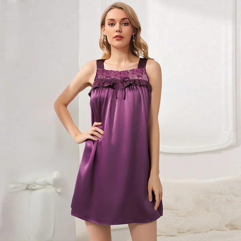 Sexy Lace Patchwork Suspender Nightdress Silk Pajamas Deep Purple Color Women Home Clothes Suspender Nightdress Female Pajamas
Sexy Lace Patchwork Suspender Nightdress Silk Pajamas Deep Purple Color Women Home Clothes Suspender Nightdress Female Pajamas