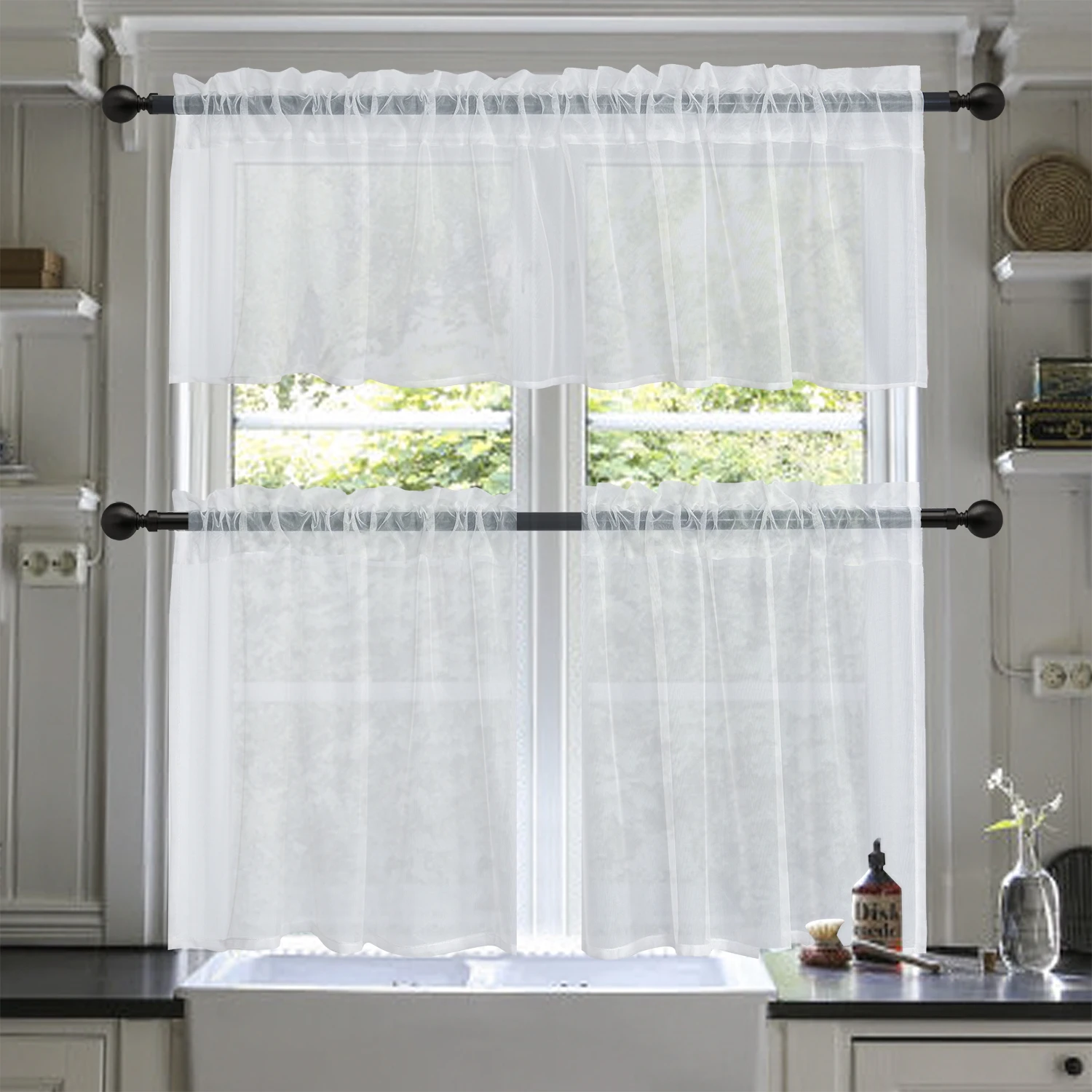 3 Panels Rod Pocket Sheer Curtains Solid Color Set with 2 Tiers 24X24inch Each and 1 Valance 52X14inch for Kitchen 3350-1
3 Panels Rod Pocket Sheer Curtains Solid Color Set with 2 Tiers 24X24inch Each and 1 Valance 52X14inch for Kitchen 3350-1
