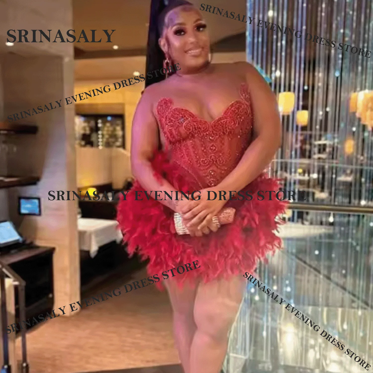 Luxury Black Girls Short Prom Dress Beads Crystal Feather Customized Cocktail Gowns For Black Girls Sleeveless robes de soirée
Luxury Black Girls Short Prom Dress Beads Crystal Feather Customized Cocktail Gowns For Black Girls Sleeveless robes de soirée