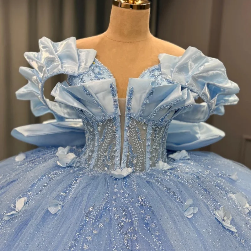 Shiny Blue Quinceanera Dress off-shoulder glitter Crystal 3D Flower decal Bow Long tail vestidos de 15 Quinceanera Customize
Shiny Blue Quinceanera Dress off-shoulder glitter Crystal 3D Flower decal Bow Long tail vestidos de 15 Quinceanera Customize